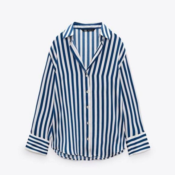 Zara Blue and White Striped Button Down Blouse, Size S - Picture 3 of 7